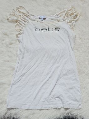 bebe White Studded Logo Fringe Tank Top
